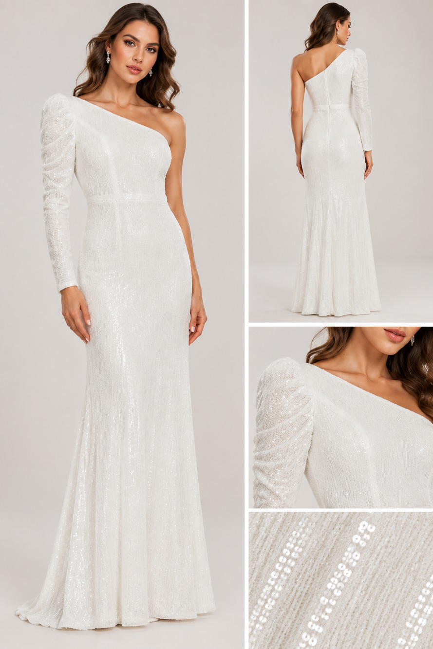 NWT Ieena Mac Duggal 26591 White Sequin One Shoulder Gown Size 2 Formal